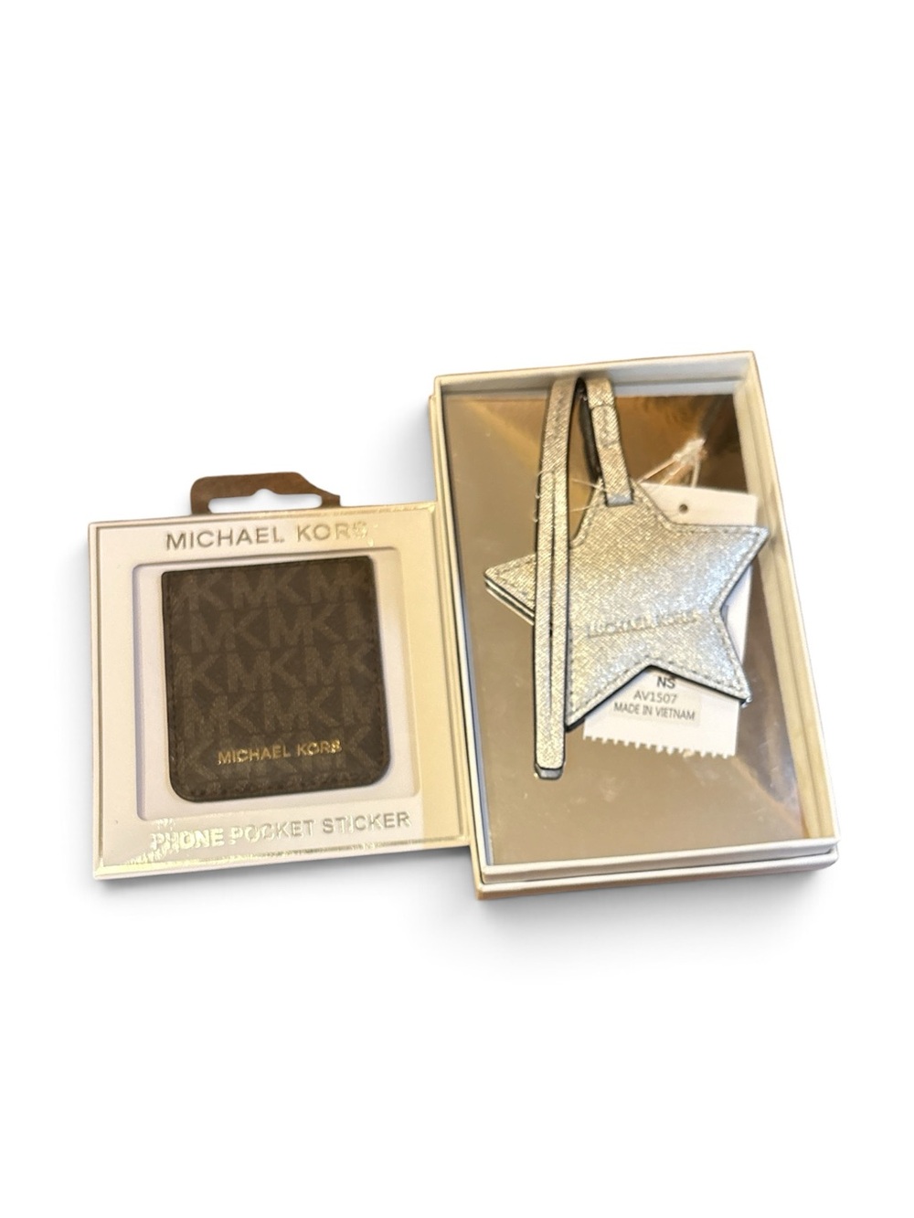 Michael Kors Silver Star Bag Charm with Brown MK Phone Pocket Set NWT